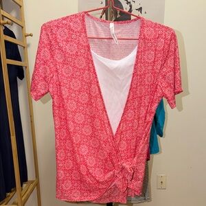 NY Collection Pink Wrap Blouse with White Insert
